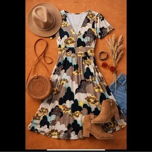 Hype Boho Floral V-Neck Dress Fit & Flare Retro Earth Tone Mini